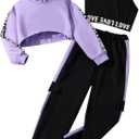 Hilinker Girls Graphic 3 Piece Outfits Workout Hoodie Crop Tank and Sweatpants Set (11-12 Years, Purple Black)