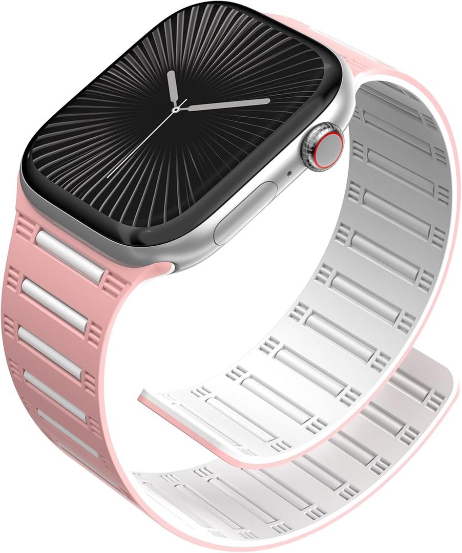 Magnetic Watch band Compatible with Apple Watch for Men Women 38mm/40mm/41mm/(42mm-Series 11 10), Silicone Sport Strong Strap for iWatch Series 11 Ultra 3 Ultra 2 Se 10 9 8 7 6 5 4 1 (02-White/Pink)