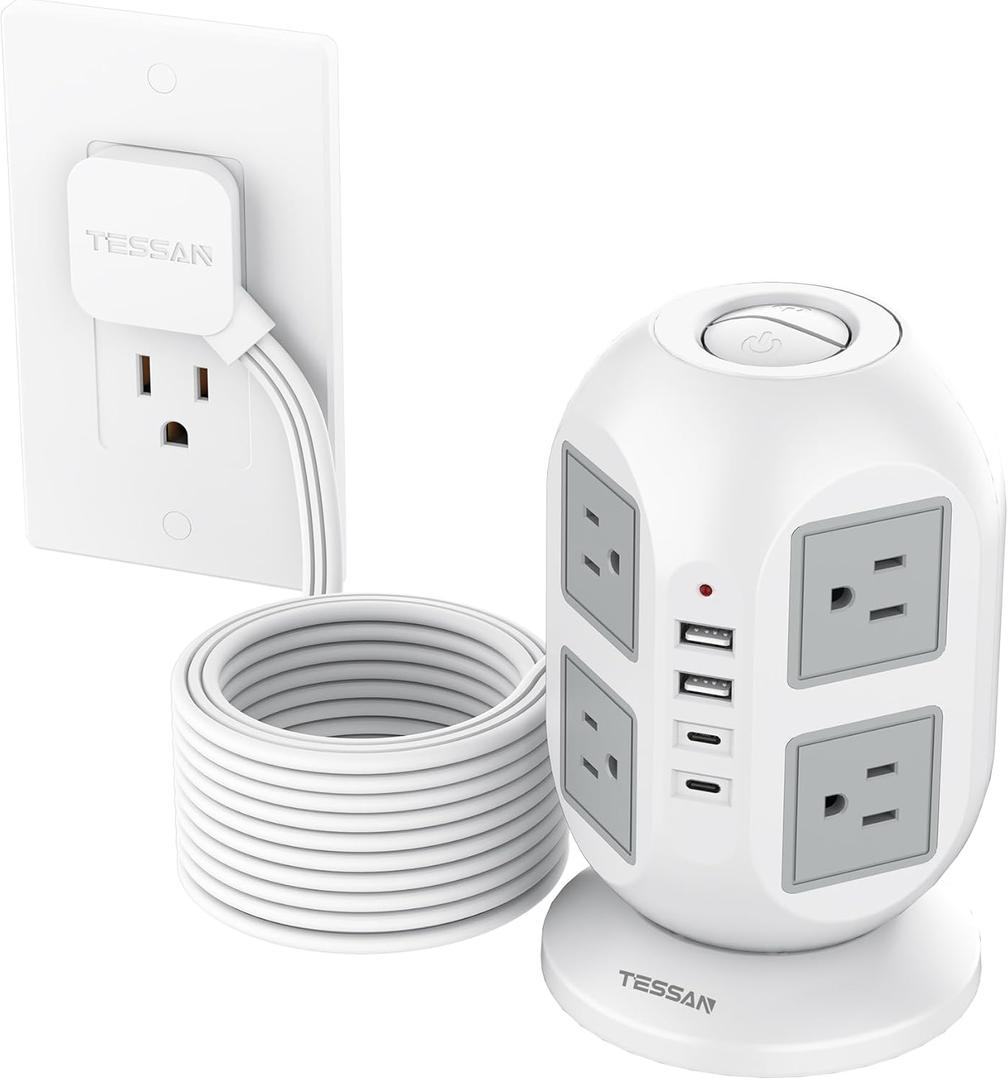 Tower Power Strip, Surge Protector 10 FT Cord, TESSAN Flat Plug Extension Cord with Multiple Outlets, 8 AC Outlets with 4 USB Ports (2 USB C), Charging Station with Surge Protection, for Office Dorm (Grey)