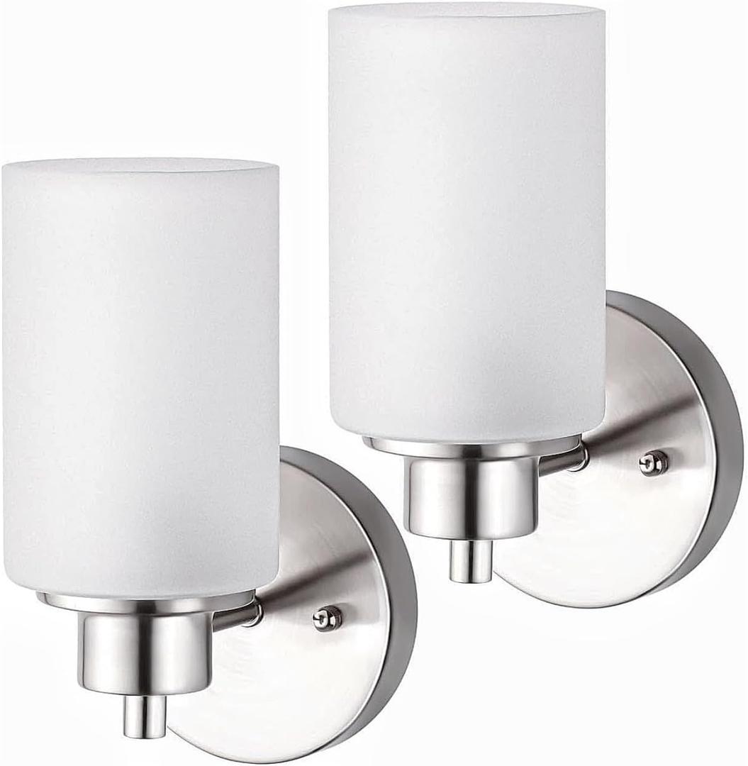 2 Pack Bath Vanity Light Fixtures, Indoor Brushed Nickel Wall Sconces Light with White Frosted Glass Shade, Modern Elegant Bathroom Wall Mounted Lighting for Bedroom Living Room, Porch, Kitchen