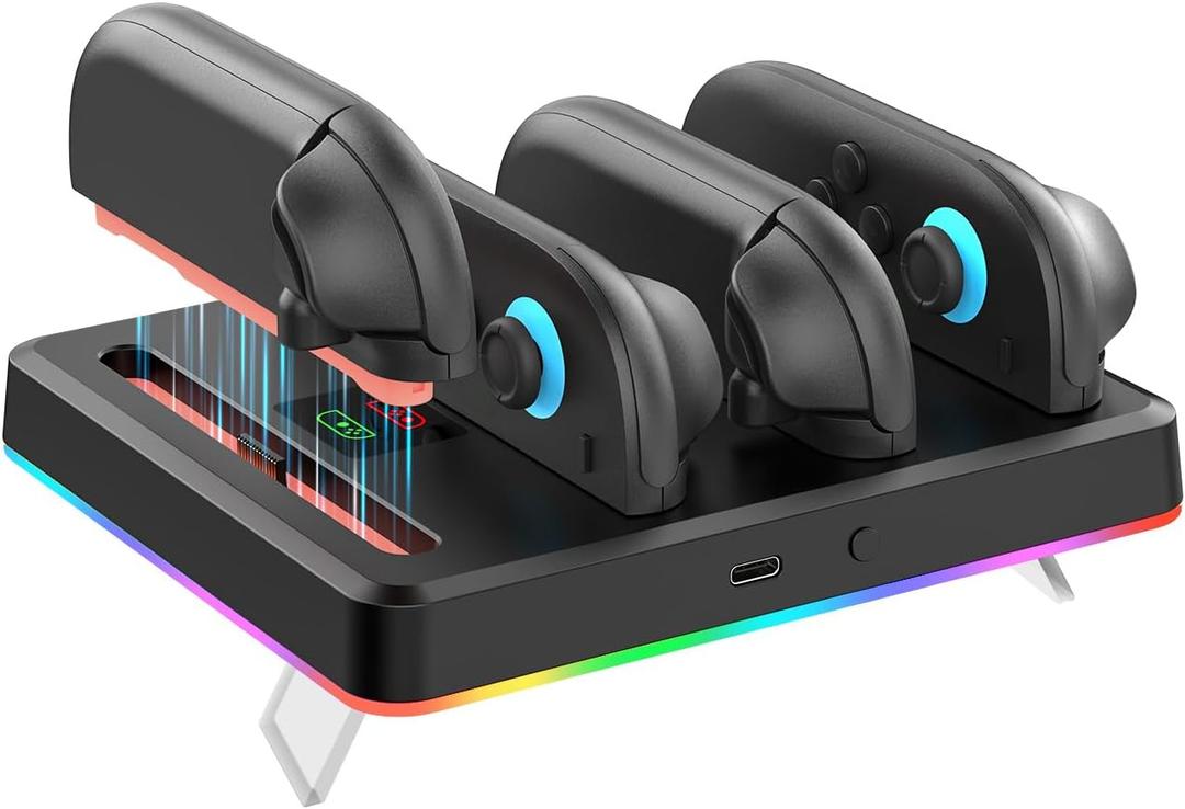2 x NexiGo Enhanced Controller Charger Dock Compatible with Nintendo Switch 2, Charging Station for Joy-Pads with Multiple RGB Light Modes, Sound Alerts, LED Indicators, Built-in Kickstand