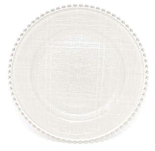 Cross-stitch Pattern Glass Charger 12.6 Inch Dinner Plate With Beaded Rim - Set of 4 - White