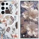 AIGOMARA Magnetic for Samsung Galaxy S24 Ultra Case [Compatible with MagSafe] Clear Floral Flower Pattern Design, Slim Anti-Yellowing Shockproof Phone Cover for Women Girls, Brown