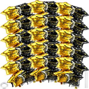 Arrowbash 24 Pcs Black and Gold Graduation Cap Balloon 32 Inches Congrats Graduation Hat Foil Balloons for Class of 2026 Grad Party Decorations Supplies