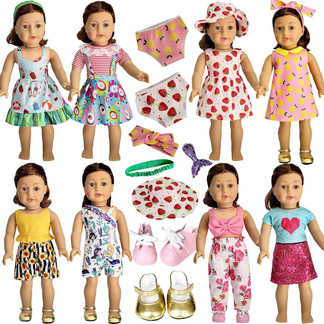 American Doll Clothes and Accessories for 18 Inch Doll, 18" Clothes Dress, Total 19 Pcs Including 8 Sets of Clothing Outfits with Shoes, Underwear, Headband, and Cap (Not Include The Doll)