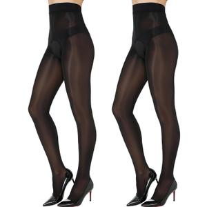2 Pairs Shiny Sheer Tights Open Crotch Pantyhose for Women 15D Ultra Oil Shimmer Stockings with Control Top (Large-X-Large, Black)