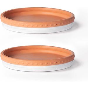 YBX 8-inch Plant Saucer Premium Terracotta Saucer Round Ceramic Plant Trays, Pack of 2 (White/Terracotta)