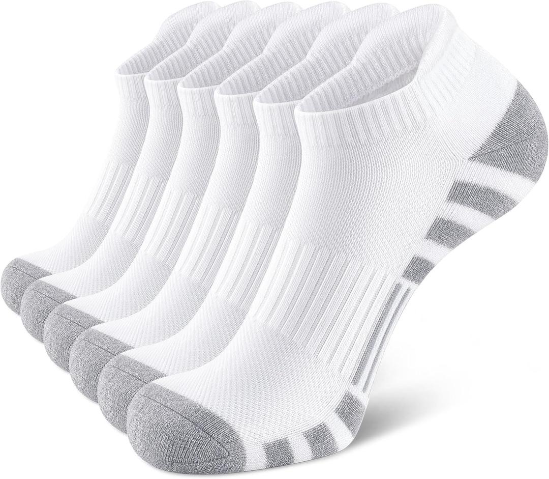 Airacker Ankle Athletic Running Socks Cushioned Breathable Low Cut Sports Tab Socks for Men and Women (6 Pairs) (9-12, Cotton White)