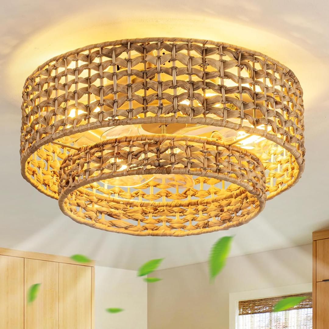 Boho Caged Ceiling Fan with Lights Flush Mount, Handwoven Layered Rattan Fandelier ceiling fan with Remote Control, Reversible 6-Speed Enclosed Ceiling Fan Light for Bedroom, Living Room, Nursery, E26, 17.7inch
