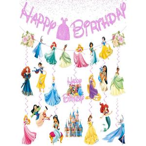 Princess Birthday Party Decorations Include 1pc Glitter Happy Birthday Banner,1pc Princess Banner and 14pcs Cute Hanging Swirls for Girls, Pre-Assembled Party Decorations
