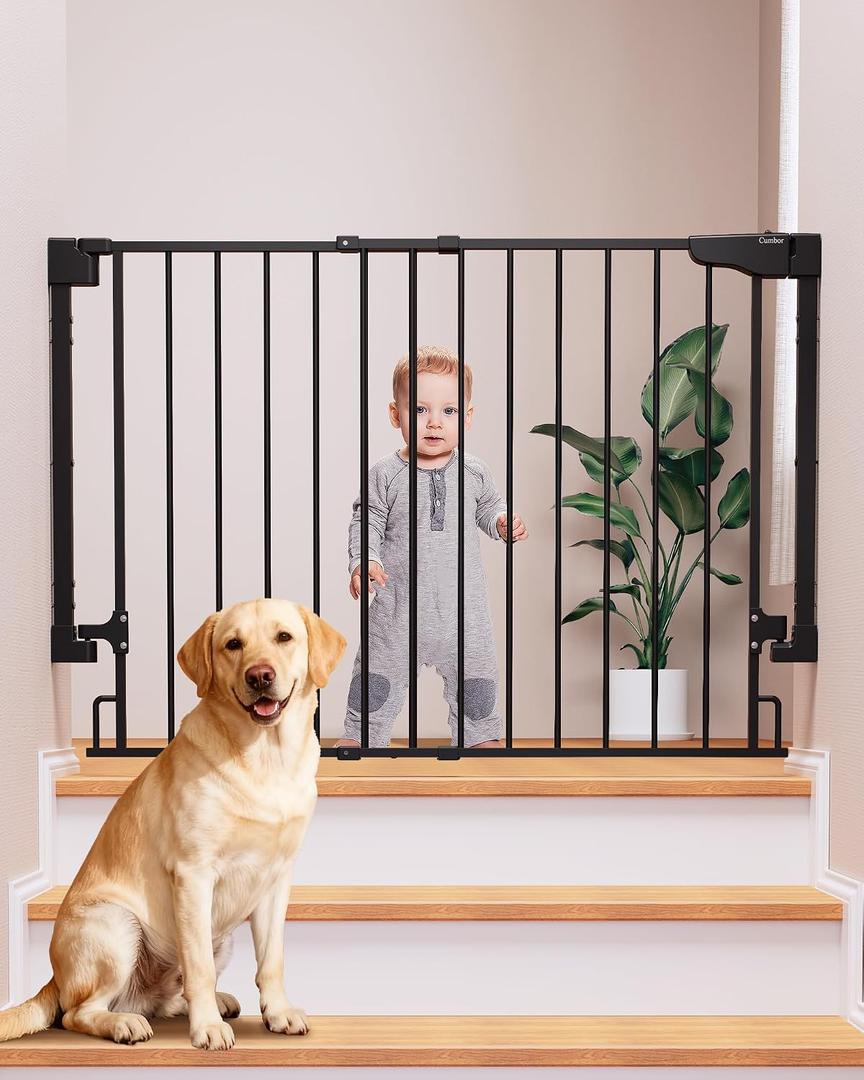 Cumbor 29.243" Baby Gate for Stairs, Hardware Mounted (Drill Required), Expandable No Bottom Bar Dog Gate, Auto Close Extra Wide Walk Thru, Pet & Toddler Proof Gate, Top & Bottom of Stairways(Black)