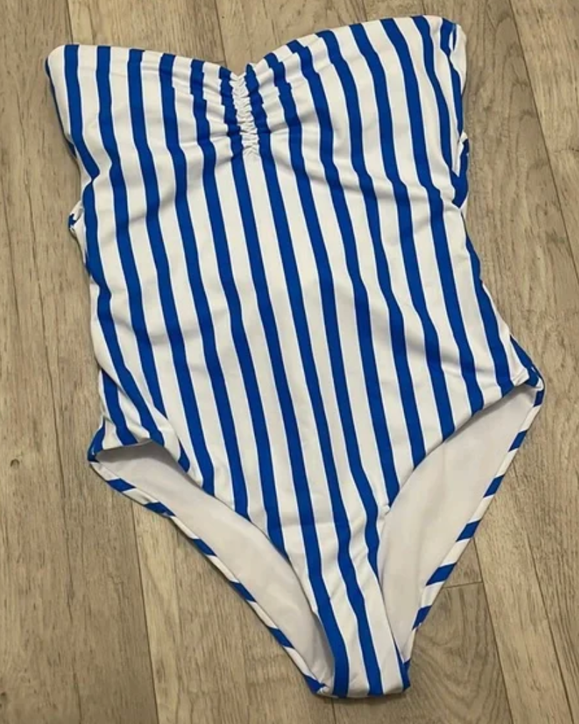 White and Blue Striped Strapless Tie Back One Piece Swim Suit Shein, S