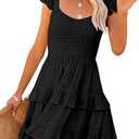 Women Summer Dresses Casual Boho Smocked Ruffle Sun Beach Babydoll Mini Dress Layered Flowy Swing Dress S
