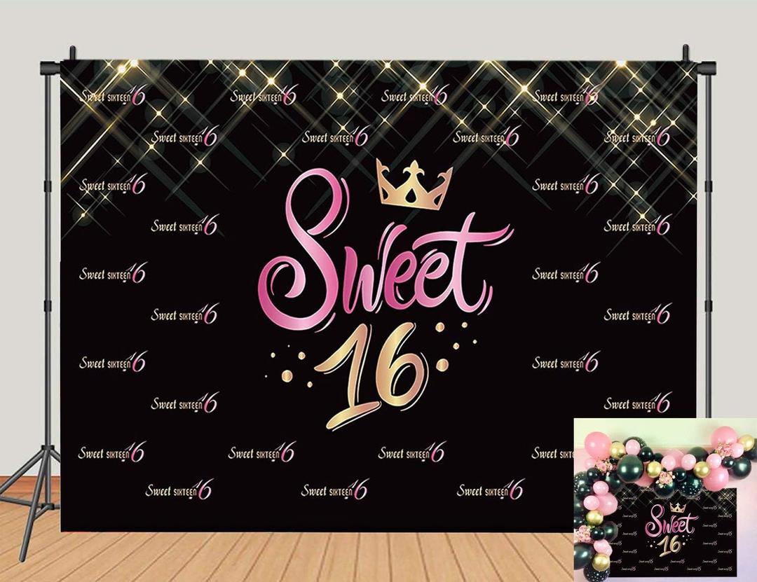 Gold Glitter Sweet Sixteen 16 Photo Backdrop Pink and Black Girls Princess 16th Birthday Party Photography Background Sweet Sixteen Photo Studio Props Cake Table Decor 5x3ft