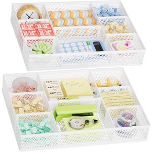 Marbrasse 2 Pack Desk Drawer Organizer, Mesh Drawer Organizer Tray with 8 Adjustable Compartments, Desk Organizers and Accessories, 5 Dividers for Office Supplies, Makeup & Vanity (White)