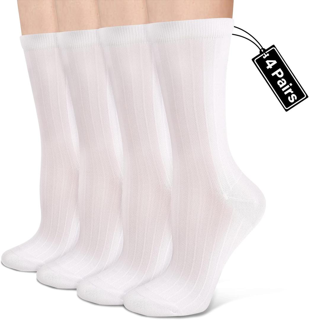 Compression Crew Socks for Women Thin Lightweight (15-20 mmHg) for Athletic Nurse Circulation Support Socks, 4 Pairs (Large-X-Large, 03- White)