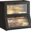 GHWIE Double Layer Bamboo Bread Box for Kitchen Counter,Large Capacity Storage Bin with Acrylic Wavy Door Panel (Black, Extra Large)