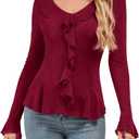 Meetjen Women's Long Sleeve Tops Slim Fit Wrap V Neck Ruffle 2026 Spring Trendy Casual Going Out Shirt Tee Blouses (L)