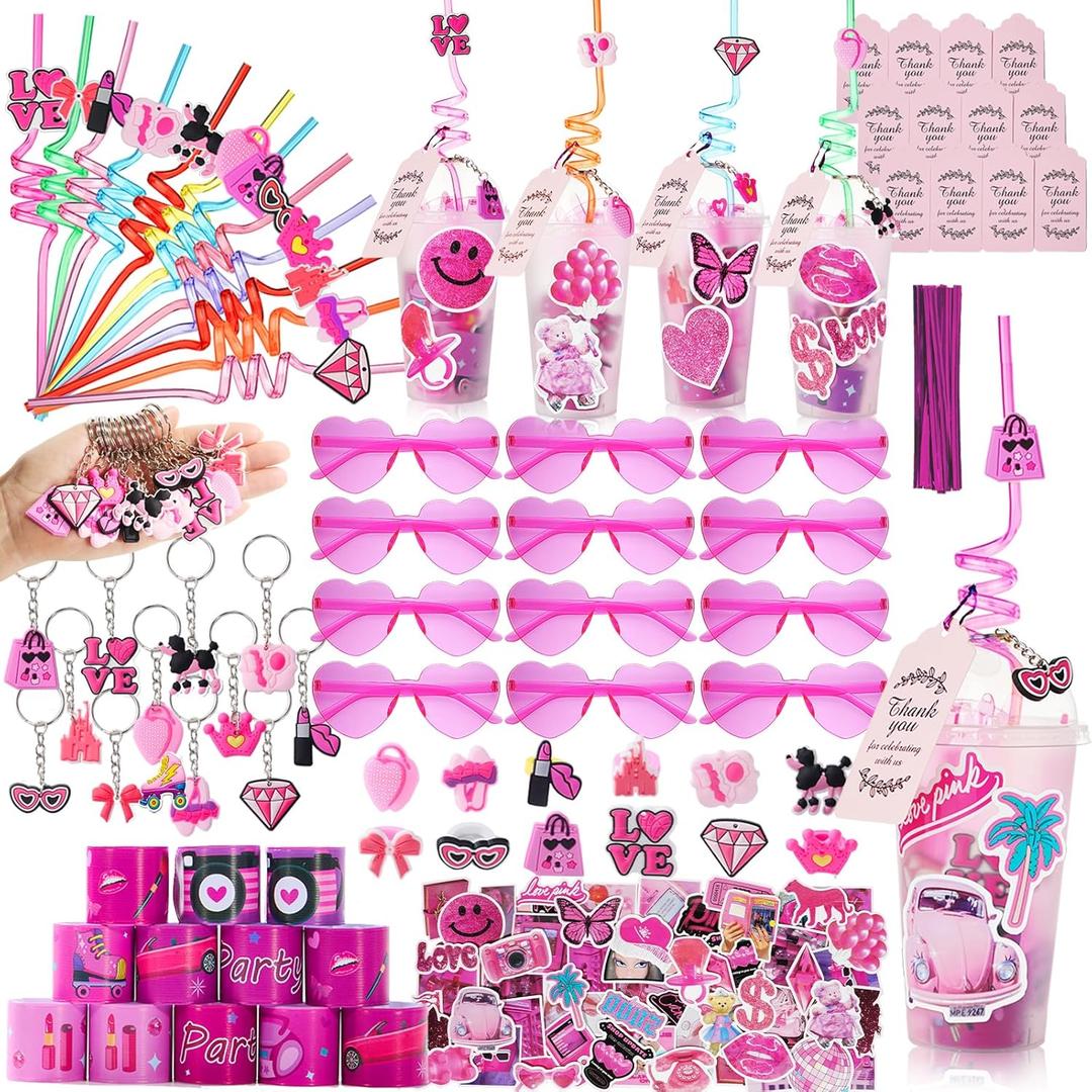 DreamTale 134 Pcs Pink Party Favors Grils Kid Princess Birthday Supplies with Straws Goody Cups,Heart Glasses,Slap Bracelets,Thanks Cards,Keychains,Ring and Stickers Gift Pack for Kids