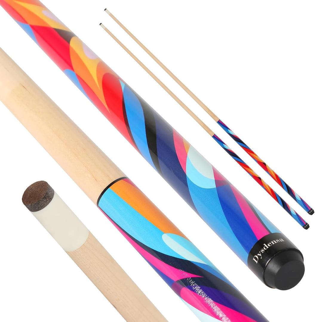 Kids Short Pool Cue Set of 2, Canadian Maple Wood, 4 Sizes (36/42/48/52 Inch) with UV-Printed Fun Designs and Leather Tip