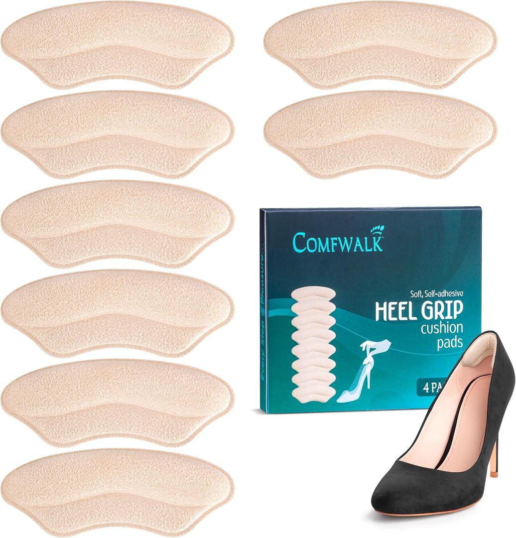 Heel Grip Cushion Pads - 4 Pairs, Self-Adhesive, Shoe Inserts for Loose Shoes, Snug Fit, Blister Prevention, Heel Comfort for Men and Women, Ideal for High Heels (Beige, Lip-Shaped)