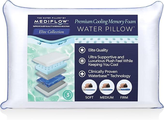 Mediflow Water Pillow - Elite Collection, Cooling Gel Memory Foam. Orthopedic for Neck Pain Relief, Adjustable Water Pillow for Sleeping (Single Pack)