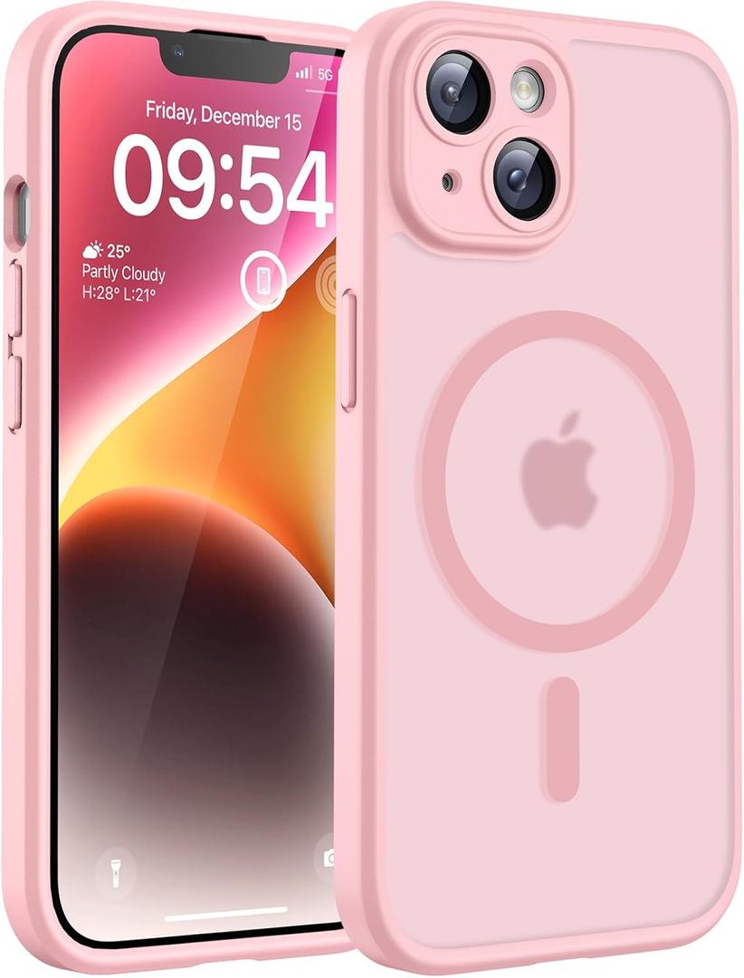 TOCOL Magnetic for iPhone 14 Case, Upgraded Full Camera Protection, Compatible with Magsafe, 15FT Drop Protection, Translucent Matte Back Bumper Phone Cover 6.1-Inch (Light Pink)