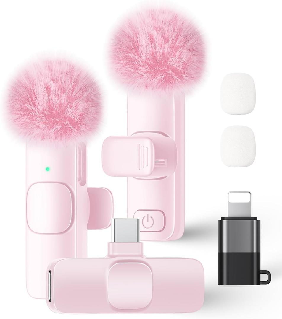 Wireless Lavalier Microphone for iPhone iPad and Android Phone, 2 Pack Lapel Mic Plug and Play Wireless Mic Noise Reduction Microphone for Video Recording Interview Podcast Vlog YouTube Tiktok (Pink) (Without Case)