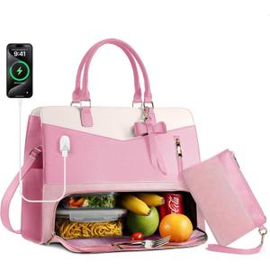 Lunch Tote Bag for Women 2 in 1 Laptop Work Bag with Lunch Insulated Compartment and Purse Combo Waterproof PU Leather 15.6 Inch Computer Shoulder Bag for Daily, Office, Picnic (Mix Pink White)