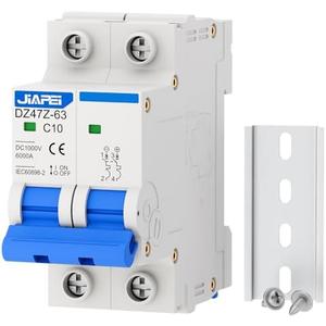 DC Miniature Circuit Breaker, 1000V 2 Pole 10 Amp Isolator for Solar PV System, Thermal Magnetic Trip DIN Rail Mount, C10 DC Disconnect Switch