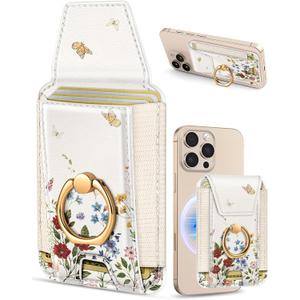 Shorogyt Compatible with Magsafe Wallet with Grip Magnetic Card Holder - Cute Phone Wallets with Ring Stand for iPhone 17/16/15/14/13/12 Series for Women Girls Retro Bouquet Design, Fit 7 Cards