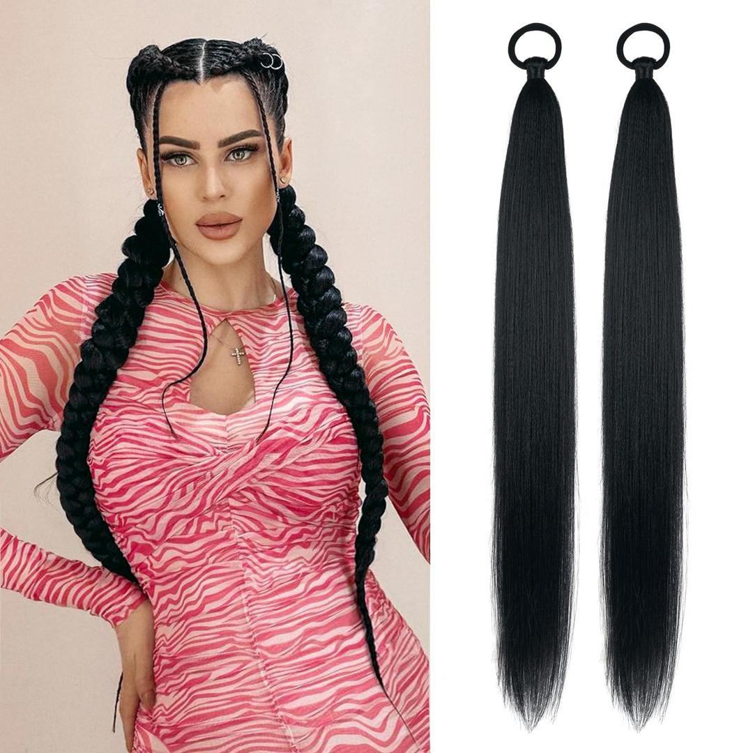Black Ponytail Extension 2 Pack Braid Ponytail Extension with Elastic Tie Straight Sleek Wrap Around Braid Hair Extensions Ponytail 26 Inch (Black#)