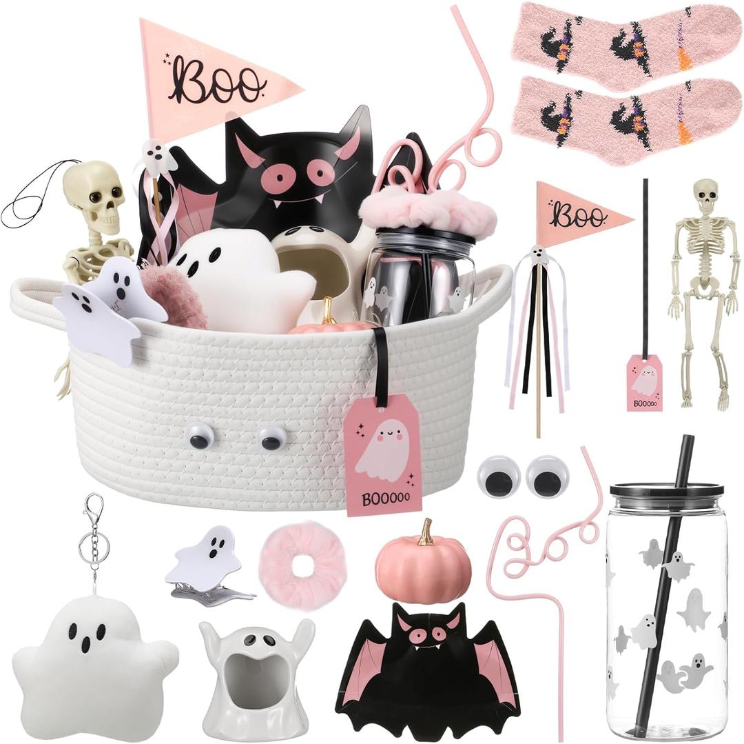 12 Pcs Halloween Boo Gifts Basket Stuffers for Women Summer Halloween Spooky Ghost Cute Boo Basket Gifts Plastic Cups Paper Bat Plate Fuzzy Socks Skeleton Pendant for Her Sister Friends