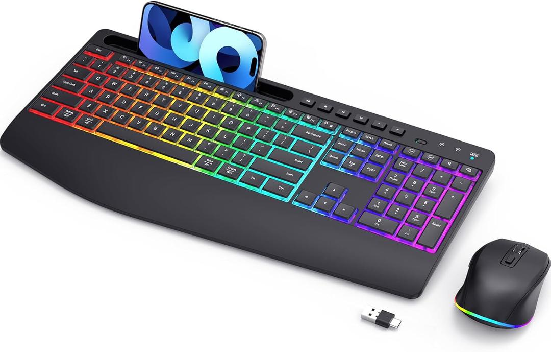 Wireless Keyboard and Mouse Combo - Dual System RGB Backlit Mouse and Keyboard,2.4G Rechargeable,Full-Sized Ergonomic Silent Design with Phone Holder for Windows Mac PC Laptop (Black-V1)