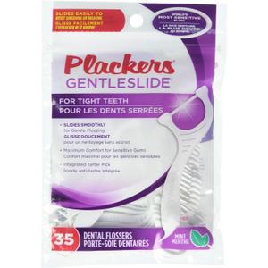 Plackers Gentleslide for Tight Teeth Cool Mint Flavor with Tarter Pick 35 Dental Flossers for Clean Teeth and Healthy Gums (1 Each)