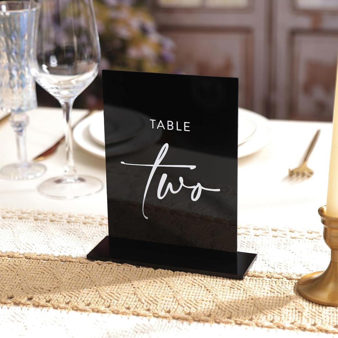 UNIQOOO Black Wedding Double Sided Table Numbers with Stands 1-15 set, 5x7'' Acrylic Signs with Holders and Printed Calligraphy, Seat Display Wedding Decor Perfect for Centerpiece, Reception