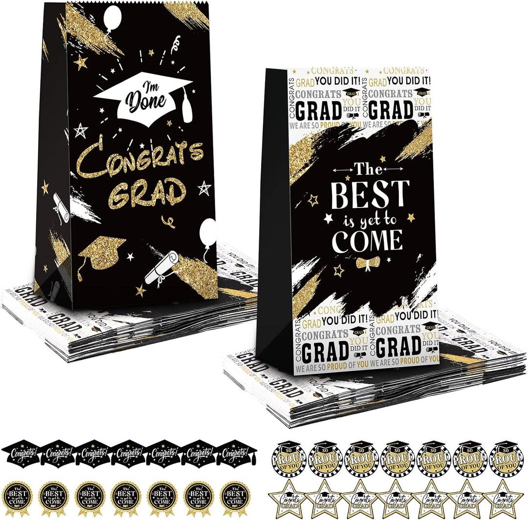 3 x Teling 28 Set 2026 Graduation Gift Paper Bags with Stickers Congrats Grad Goodie Bag Thank You Candy Bags for Graduation Party Favor Decorations Supplies(Black and Gold)