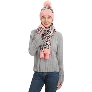 HAOYUAN Winter Hat Scarf Gloves Set, Womens Leopard Cheetah Knit Warm Hat Beanie Long Scarf Touchscreen Gloves for Cold Weather Neck Scarves (HA2080 pink)