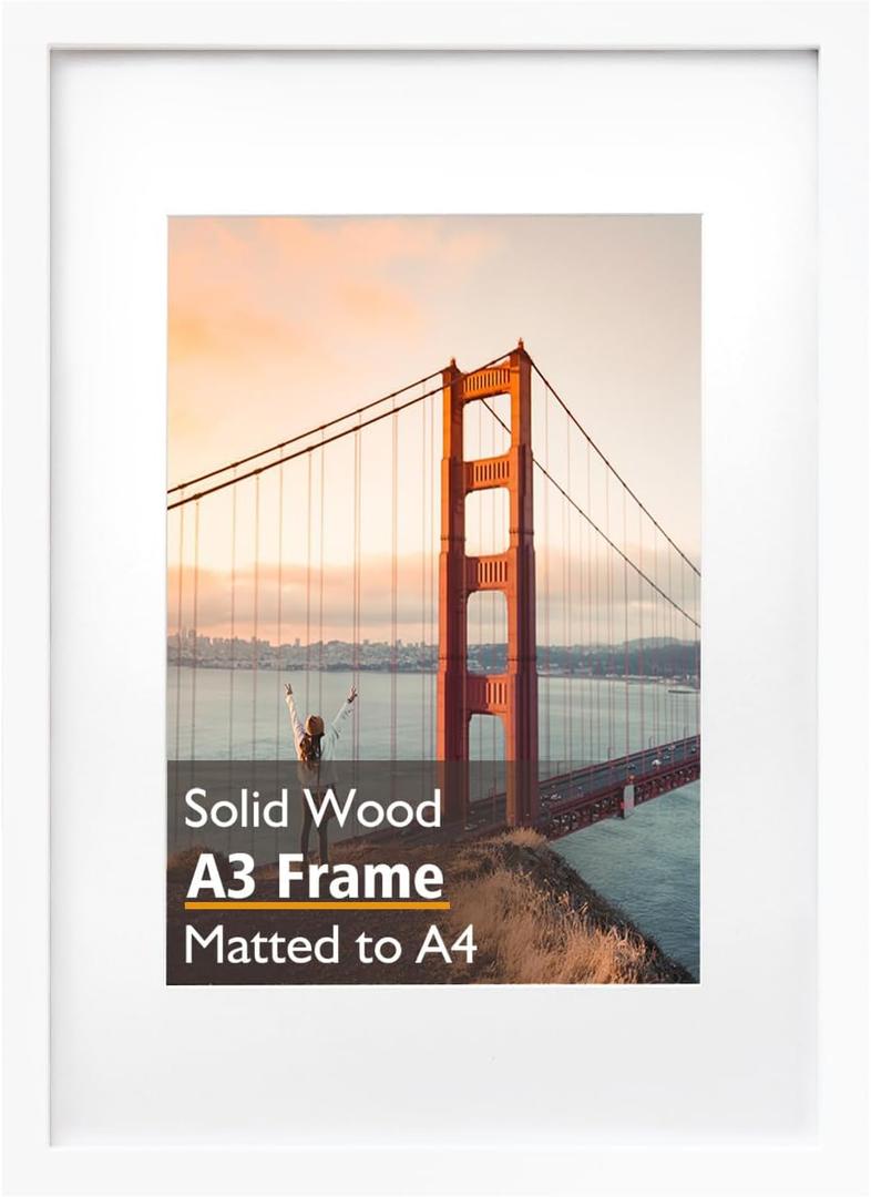KINLINK A3 Picture Frame, White Solid Wood Photo Frame with Acrylic Plexiglass for Pictures A4 with Mat or A3 without Mat, Wall Display Poster Frame 1 Pack