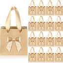 Honoson 50 Pcs Christmas Small Gift Bags with Handle 4 x 2.75 x 4.5 No DIY Mini Paper Bags Bulk with Bow Ribbon for Xmas Party Favor Wedding Birthday Guests Baby Shower(Beige White)