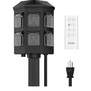 Outdoor Power Strip with 15 FT Extension Cord, 100FT Remote Control, Dusk to Dawn Light Timer Waterproof, 6 Grounded Outlets for Yard, Pool and Garden, ETL Listed, 2 Packs