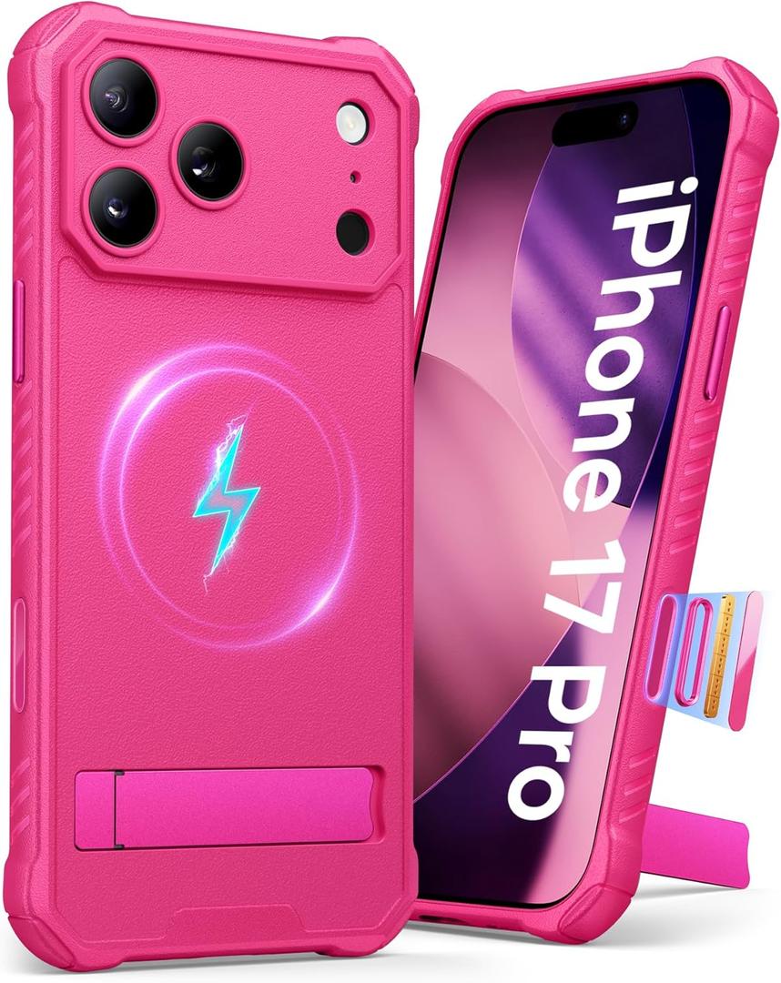 for iPhone 17 Pro Case with Stand, Compatible with MagSafe & Camera Control Button, Rugged Silicone Full Camera Protection Kickstand Magnetic Protective Phone Case for iPhone 17 Pro, Hot Pink