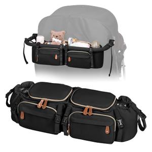 Double Stroller Organizer for Bob Duallie and Baby Jogger City Mini GT2, Double Stroller Caddy Organizers with Cup Holder and 2 Cooler Pockets Parent Console Double Stroller Accessories (Black)