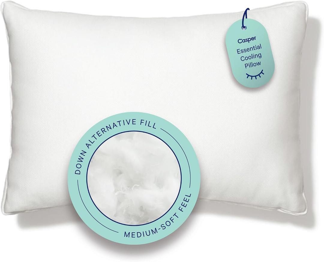 Casper Sleep Essential Cooling Pillow, Standard Size Cooling Cover, Medium Soft Feel, Down-Alternative Fill, Supports Side, Back & Stomach Sleepers