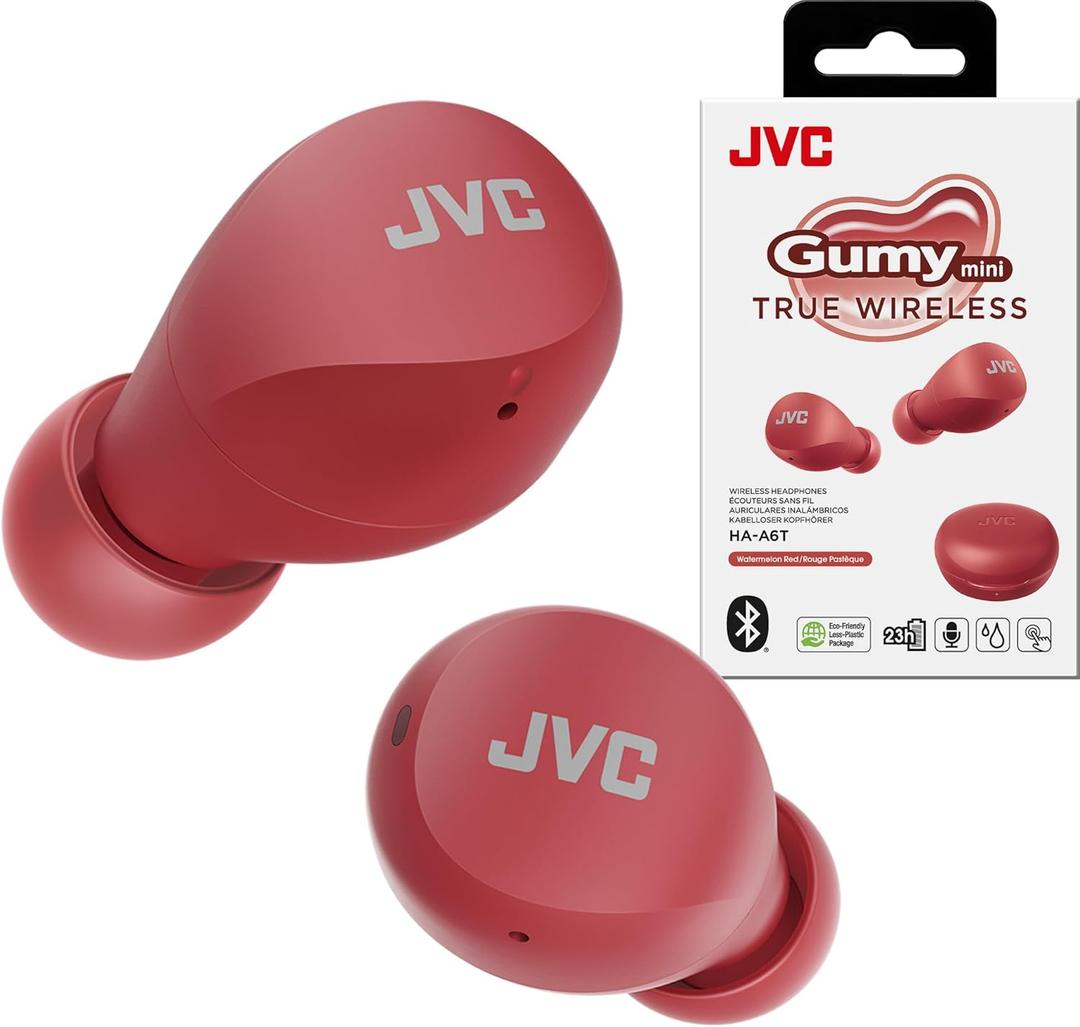 JVC Compact and Lightweight Gumy Mini True Wireless Earbuds Headphones, Long Battery Life (up to 23 Hours), Sound with Neodymium Magnet Driver, Water Resistance (IPX4) - HAA6TR (Red)