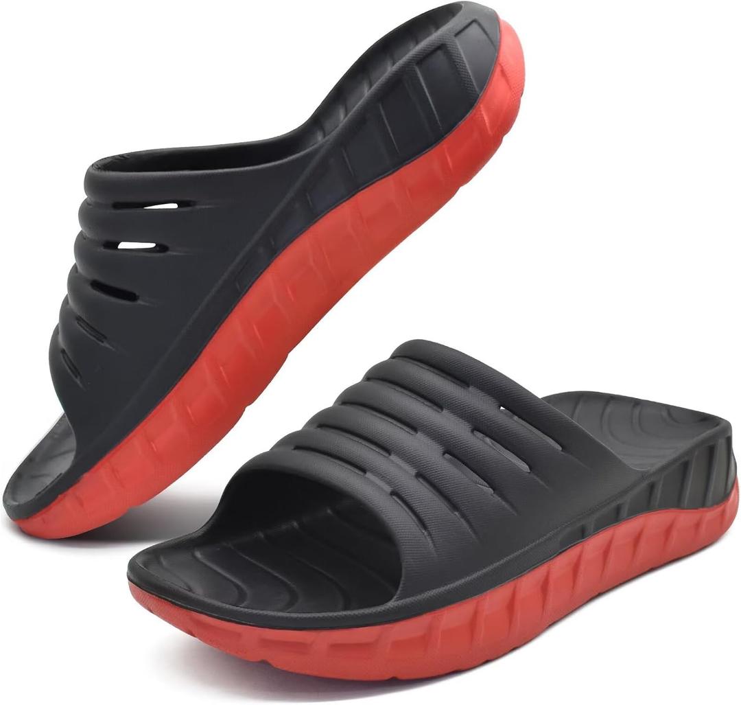 GPOS Mens Sport Recovery Sandals Plantar Fasciitis Arch Support Thick Cushion Slides Sandals Lightweight Comfort Orthotic Open Toe Slippers Black Red Size 11