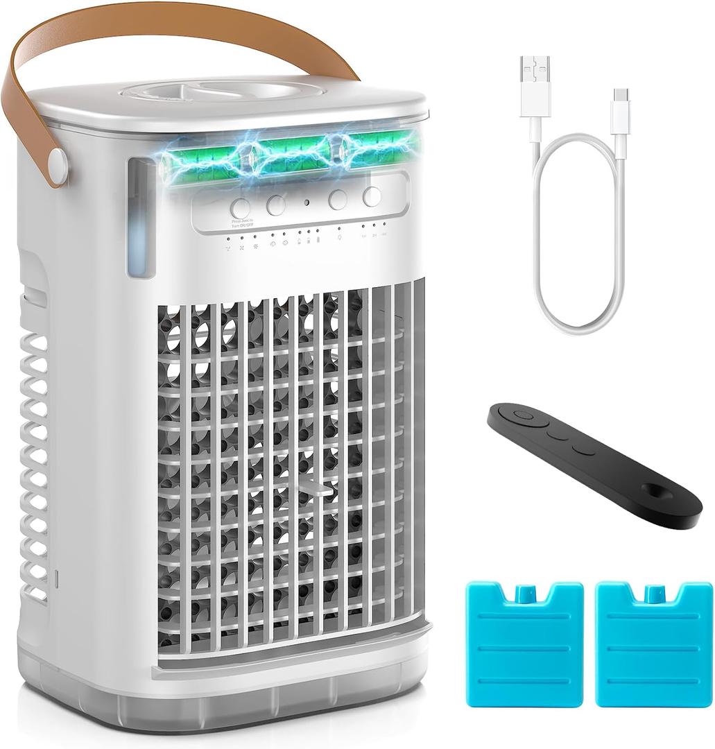 Mini Air Conditioner, Portable Air Conditioners w/Remote, 5400mAh Built-in Battery, 1.2L Water Tank & 2 Ice Boxes, Auto-off Timer, Evaporative Air Cooler With 3Speeds, Desktop Fan For HomeOutdoors