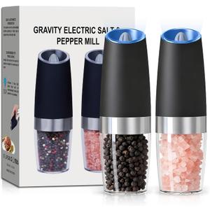 Gravity Electric Salt and Pepper Grinder set of 2, Automatic Salt And Pepper Grinder Set, Adjustable Roughness, Battery Powered, LED Light, 2 Pack, (Black)