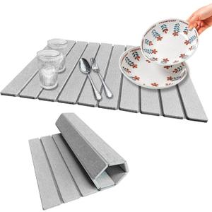 Stone Dish Drying Mat For Kitchen & Bathroom - Diatomaceous Earth, Quick Dry, Collapsible, Non - Slip Pvc, Rounded Corners, 15.4 X 23.6 IN, Absorbent, Natural Material For Dishes, Cups & More