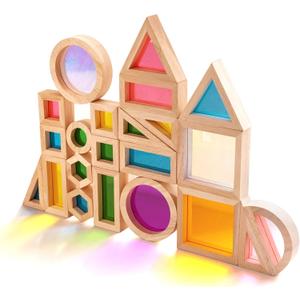 Agirlgle Wooden Rainbow Building Blocks for Kids 32 Pcs Rainbow Stacker Stacking Blocks Game Colorful Construction Toys Preschool Learning Educational Toys -Geometry Wooden Blocks for Boys & Girls